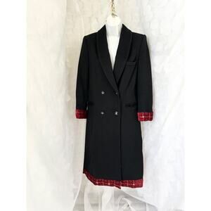 Vintage 90s 100% Wool Bert Newman Size 6 Petite Long Black womens Coat Red Trim.